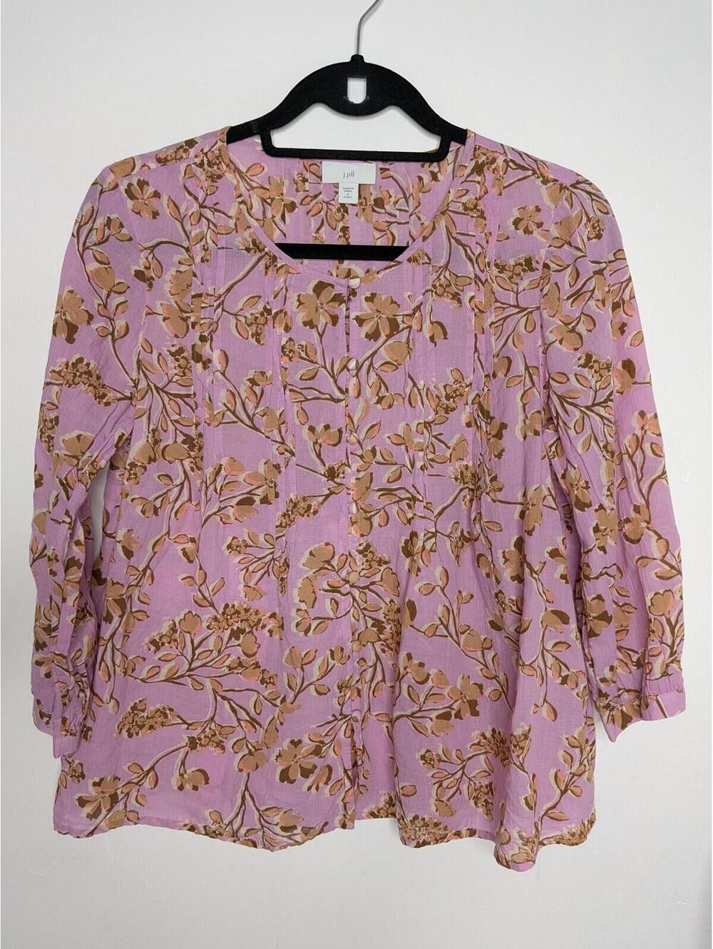 J. Jill Blouse Womens S Petite Purple Floral Pleated 3/4 Sleeve Tunic Top Boho